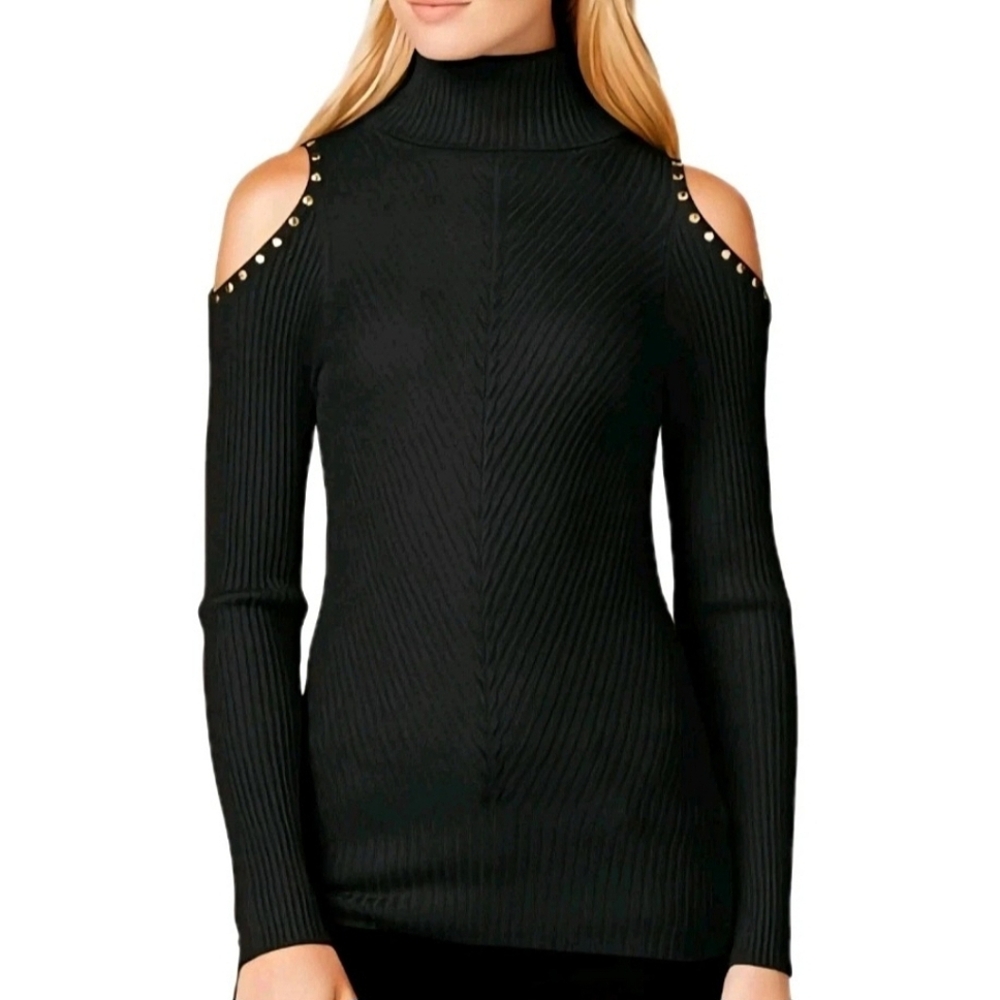 XOXO Gold Studded Cold-Shoulder Turtleneck Sweater